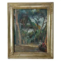 Glimpse of landscape with pine trees and people by Paulo Ghiglia, within a gilded wooden frame, offered Jan 2024