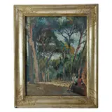 Glimpse of landscape with pine trees and people by Paulo Ghiglia, within a gilded wooden frame, offered Jan 2024