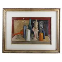 Francesco De Rocchi, Still life with bottles and glasses, with a landscape view on the back with a framed dedication