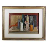 Francesco De Rocchi, Still life with bottles and glasses, with a landscape view on the back with a framed dedication