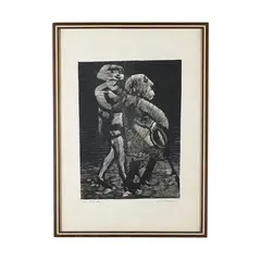 Elderly man with young girl, multiple on paper by Mino Maccari, Author's proof in frame, offered Jan 2024