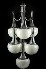 Murano Glass Chandelier by Gaetano Sciolari, vintage cluster steel chandelier with white glass spheres realized by the famous designer Gaetano Sciolari. Good, offered Dec 2023