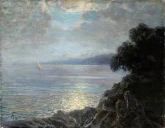 Sealandscape with sailboat by Andrea Figari, offered Dec 2023