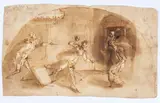 Giovanni Batista Draghi, Recto: Study of scene with four figures within lunette - Verso: Study of three figures walking up the ramp of a building, The drawing bears a pencil inscription in the upper left-hand corner: "GIO. BATT. DRAGHI" AND bears on the verso