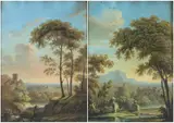Andrea Locatelli, a) Landscape with castle and watercourse; b) Landscape with watercourse and fountain. Pair of temperas, Tempera on cardboard