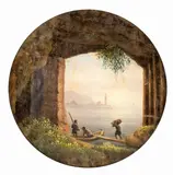 Giovanni Migliara, Lake landscape with a rock arch and figures, Tempera on silk under glass (fixé)