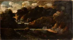 Gaspard Dughet, Landscape with river, small waterfalls and figures, Oil on canvas