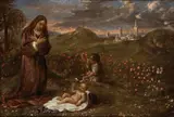 The Adoration of the Child, "Madonna of the Roses" by Ippolito Scarsella lo Scarsellino, The paintiing is accompanied by the Export Licence. Attribution to Scarsellino is proposed for this interesting, offered Nov 2023