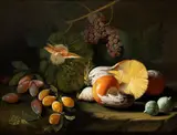 Marco Antonio Rizzi, Still life of mushrooms, figs, grapes, pumpkin and plums, Oil on canvas