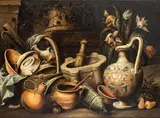 Antonio Calza, Still life with crockery, mortar and vase of flowers, The present work is accompanied by the expertise of Prof. Eduard Safarik available in copy.