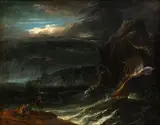 Antonio Francesco Peruzzini, Marina in a storm with boats and two figures in the foreground, Oil on canvas