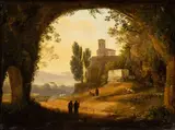Giambattista Bassi, Latium landscape with a cave, two monks and a monastery complex in the background, The painting is signed at lower hand-left corner: "G.B.BASSI".