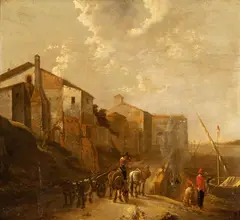 Jan Dirksz Both, View of the Ripa Grande in Rome, The painting bears signature in the lower left corner: "BOTH J." Of this uncommon view of Rome with the landing