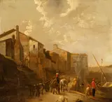 Jan Dirksz Both, View of the Ripa Grande in Rome, The painting bears signature in the lower left corner: "BOTH J." Of this uncommon view of Rome with the landing