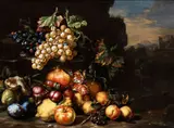 Tommaso Realfonso Masillo, Still life of grapes, figs, peaches and pomegranates in a landscape, A favorite pupil of Andrea Belvedere until the latter's departure for Spain in