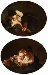 a) Sleeping peasant girl with fruit basket; b) Two boys tuning a musical instrument. Pair of paintings. by Giovanni Battista Piazzetta, This beautiful pair of oval paintings, offered Nov 2023