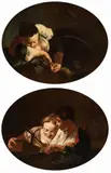 Giovanni Battista Piazzetta, a) Sleeping peasant girl with fruit basket; b) Two boys tuning a musical instrument. Pair of paintings., This beautiful pair of oval paintings
