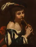 Angelo Caroselli, Flute player with feathered hat, Oil on canvas
