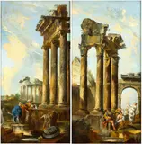 Giovanni Paolo Panini, a) Capriccio with Classical Monuments and Archaeologist; b) Capriccio with Classical Monuments and Preaching of the Baptist. Pair of paintings