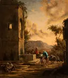 Jan Baptist Weenix, Landscape with horsemen stopping by a fountain and beggars, The canvas bears barely legible signature in the lower right corner: "G (...) B WEENIX". In this large canvas