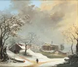 Francesco Foschi, Winter landscape with wayfarer and bridge in the background, Francesco Foschi from Ancona was the greatest interpreter of the distinctly Nordic winter landscape genre in Italy.