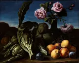 Still life of roses, artichokes and peaches by Giovanni Stanchi Dei Fiori, Oil on canvas, offered Nov 2023
