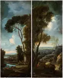 Paolo Anesi, a) Landscape with watercourse and washerwomen at the fountain; b) Landscape with figures and town in the background. Pair of paintings