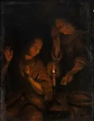 Godfried Schalcken, Candlelight interior with two female figures, Oil on panel