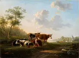 Jan Kobell II, Paesaggio con armenti e corso d'acqua con imbarcazioni sullo sfondo, The painting is signed at lower right: "J. KOBELL".