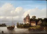 Salomon Leonardus Verveer, Landscape with canal, boats and figures, The painting bears signature and date in the lower left-hand corner: "VERVEER '49".