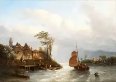 Landscape with castle, waterway and boats by Salomon Leonardus Verveer, The painting bears signature and date in the bottom right-hand corner: "VERVEER '49"., offered Nov 2023