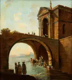 Hubert Robert, Landscape with bridge and washerwomen, Oil on canvas