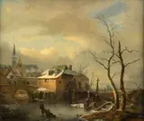Ignatius Jhosephus Roger Regemorter, Winter landscape with a village and figures on the frozen lake, The painting is signed lower left hand-corner: "J. VAN REGEMORTER".