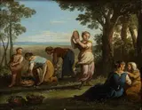 Paolo Monaldi, Peasant woman at rest picking flowers, Oil on copper