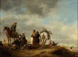 Philips Wouwerman, Coastal scene with fish vendors and two horsemen