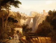 George Clarkson Stanfield, Latium landscape with waterfall, bridge, village and pipers in front of a votive shrine (Imaginary view of Tivoli?), Oil on panel