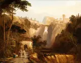 George Clarkson Stanfield, Latium landscape with waterfall, bridge, village and pipers in front of a votive shrine (Imaginary view of Tivoli?), Oil on panel