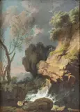 Alessio de Marchis, Rocky landscape with a waterfall and a figure, Oil on canvas