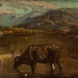 Mario Menighetti, Ox in the countryside, Oil on board