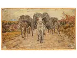 Luigi Gioli, Paesaggio con muli, oil on paper applied to cardboard