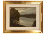 Giovanni Mingozzi, Paesaggio fluviale con contadina, oil on panel