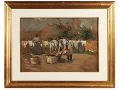 Lavandaie by Carlo Passigli, oil on canvas applied to cardboard, offered Oct 2024