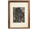 Beppe Serafini, Bambina con colombe, woodcut on paper