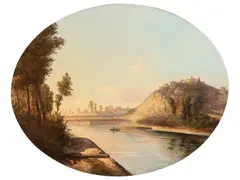 Enrico Altrui, The Arno in Montelupo, oil on paper applied to oval panel