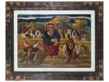 Beppe Serafini, Contadini, oil on canvas cardboard