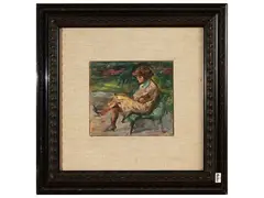 Figura femminile sulla panchina by Renato Alessandrini, oil on panel, offered Jul 2024