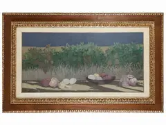 Still life in a landscape 1975 by Marcello Boccacci, oil on tablet, offered Jul 2024