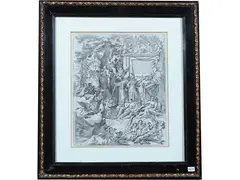 Arnold van Westerhout, Allegory in honor of Cardinal Franciotti with the three theological virtues, etching