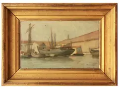 Barche nel porto di Livorno by Giovanni March, oil on canvas, offered Jun 2024