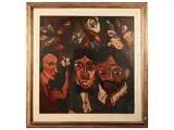 Beppe Serafini, Teste e farfalle, oil on linoleum panel